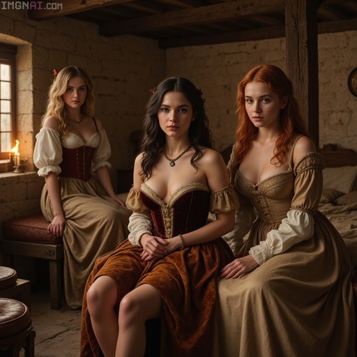 Three young women in medieval dresses sitting in a stone room