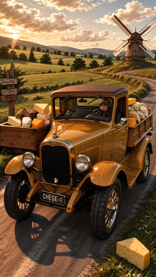 A vintage brown pickup truck filled with large wedges of cheese drives along a rural road past a windmill at sunset.