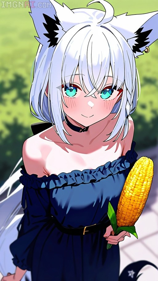 Anime illustration of Shirakami Fubuki with fox ears holding corn.