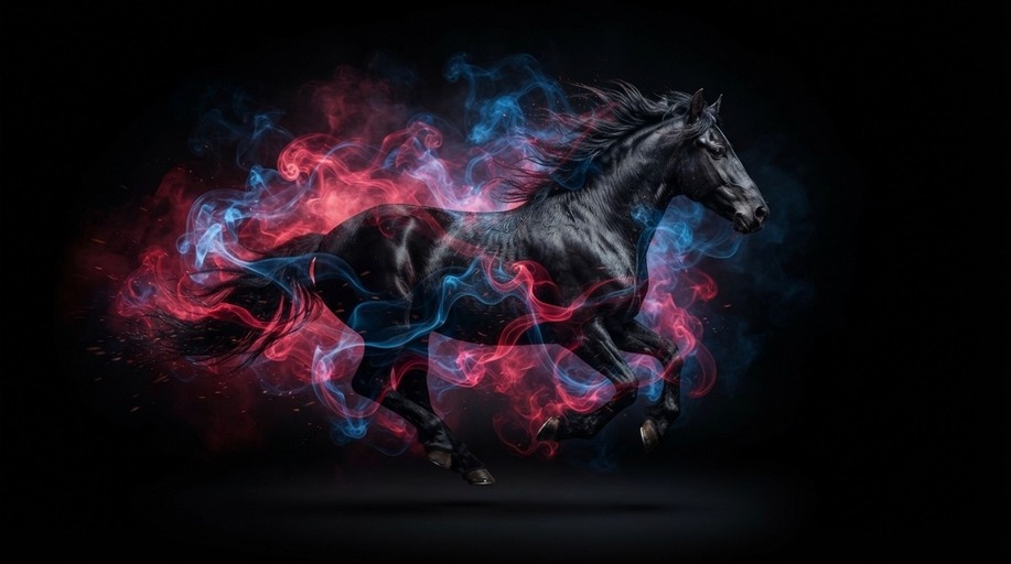 A black horse running with red and blue smoke around it.