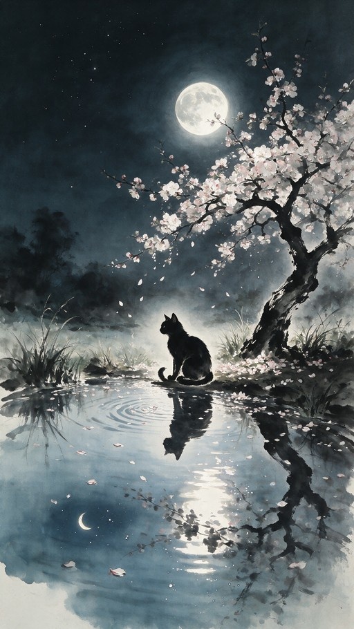 A black cat sits by a moonlit pond with cherry blossom petals floating on the water and reflecting in the ripples.