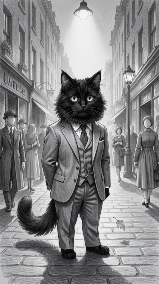 A greyscale digital illustration of a large black cat standing upright on a cobblestone street, wearing a three-piece suit and tie. The cat has fluffy fur and looks directly at the viewer. In the background, faceless people in 1940s-style clothing walk past shops under a lit lamppost.