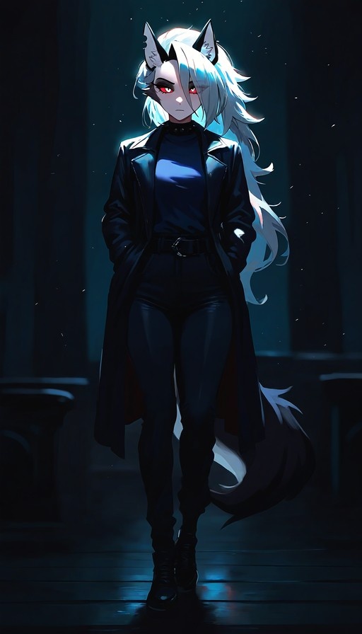 A full-body illustration of a white-haired wolf girl with red eyes, wearing a black trench coat and standing with hands in pockets against a dark background.