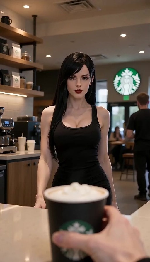 A first-person perspective shot shows a smiling woman with long black hair and brown eyes sitting across a cafe table, holding a disposable coffee cup while looking directly at the camera.