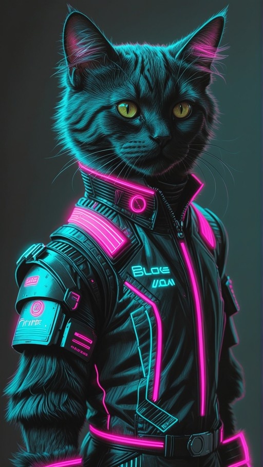 A digital illustration of a black cat with yellow slit-pupil eyes wearing a high-tech black jacket with glowing pink neon trim and cyan accents.