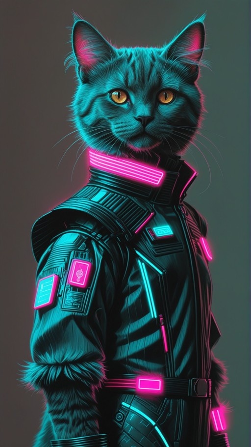 Anthropomorphic grey cat wearing a black tactical jacket with glowing neon pink and cyan accents.