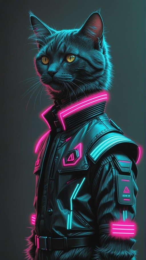 A black cat with yellow eyes wearing a dark jacket with glowing pink and blue neon trim against a dark background.