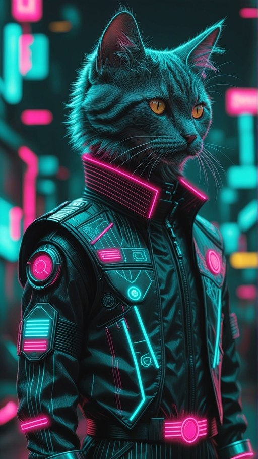 A grey tabby cat with orange eyes wearing a black leather jacket with glowing pink and blue neon accents against a blurred city night background.
