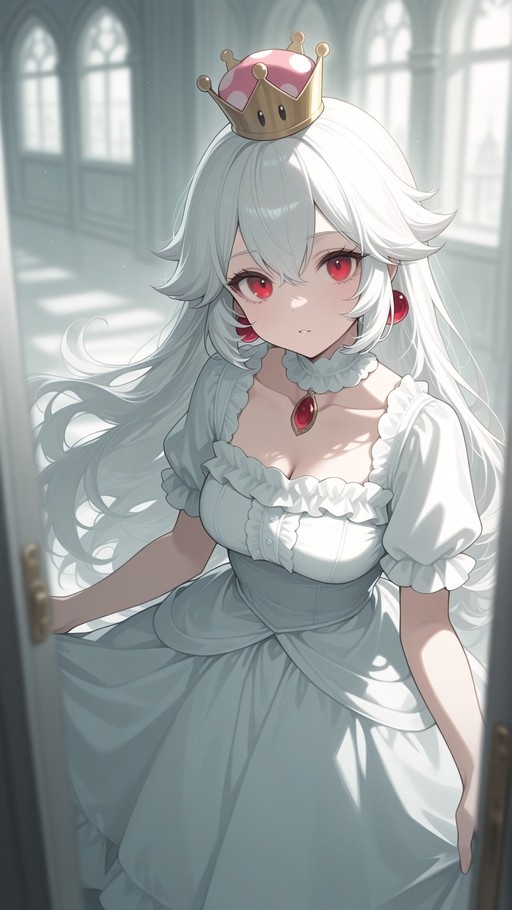 Anime girl with white hair and red eyes wearing a Boo crown and white dress.