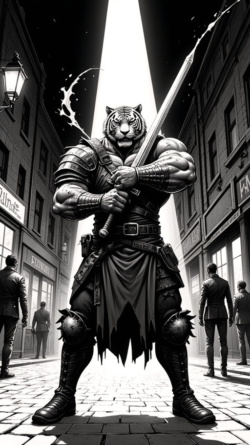 A full-body black and white illustration of a muscular anthropomorphic tiger warrior wearing armor and holding a large sword in a city street.