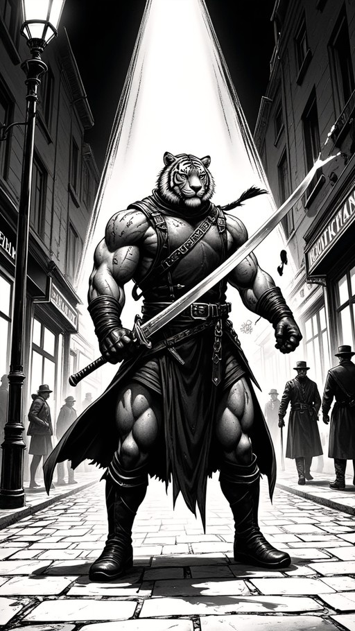 A muscular anthropomorphic tiger warrior stands on a cobblestone street holding a long sword, rendered in a high-contrast western comics art style.