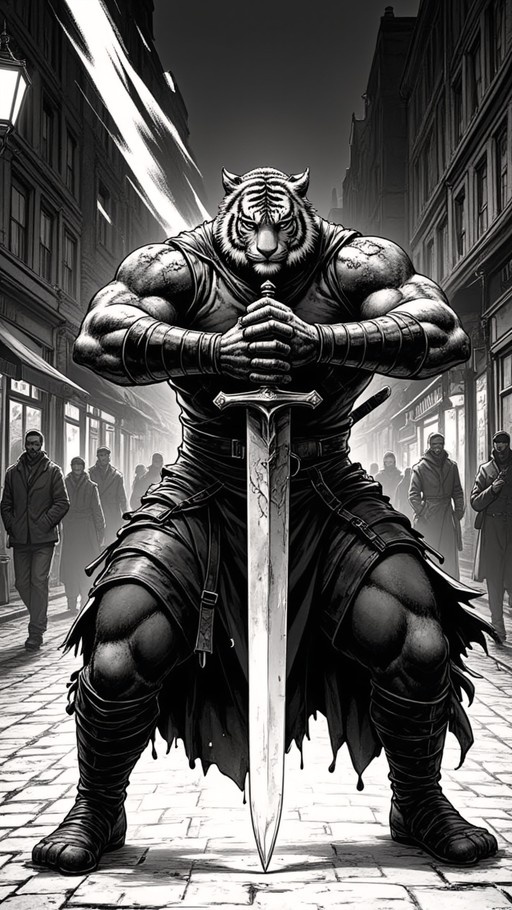 A full-body monochrome illustration of a heavily muscled anthropomorphic tiger standing in a cobblestone street, holding a large sword vertically with both hands while onlookers watch from the background.