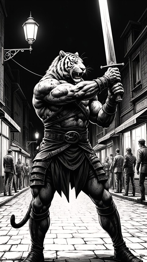 A full-body view of a muscular anthropomorphic tiger man standing on a cobblestone street at night, holding a large sword upright while wearing leather armor and boots.