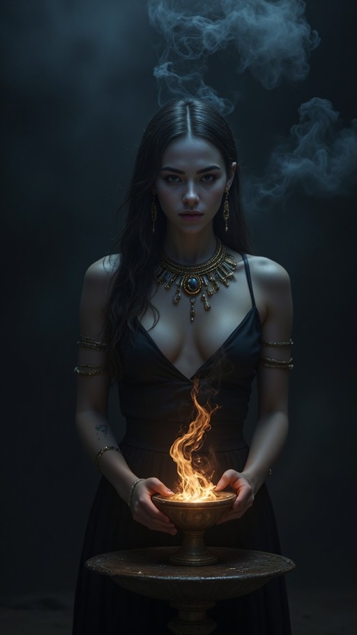 Dark-haired woman in black dress holding a flaming golden bowl with smoke rising.