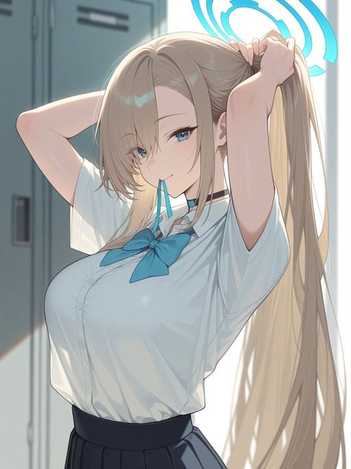 Asuna from Blue Archive with a blue halo tying her long blonde hair into a ponytail while holding a ribbon in her mouth.