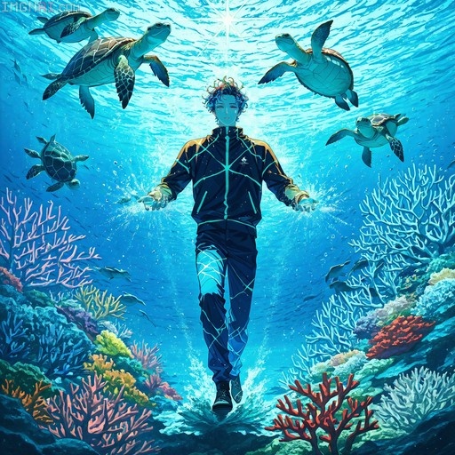 Anime-style boy in a glowing black tracksuit floating underwater among sea turtles and colorful coral.