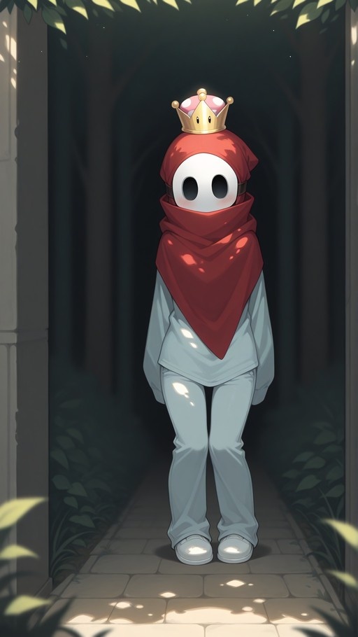 A full-body illustration of a Shy Guy wearing a golden crown and light blue clothing, standing on a sunlit stone path in a forest.