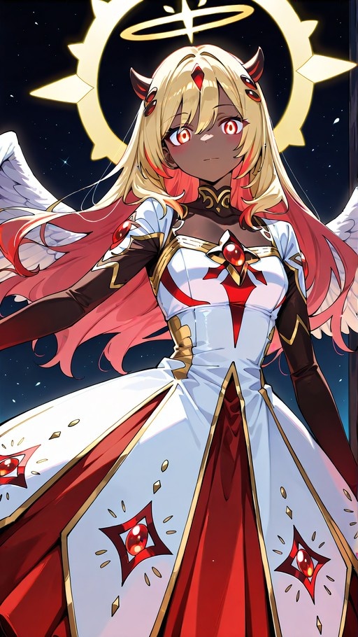 A dark-skinned anime girl with blonde and red hair, red eyes, horns, wings, and a halo stands in a white dress against a starry sky.
