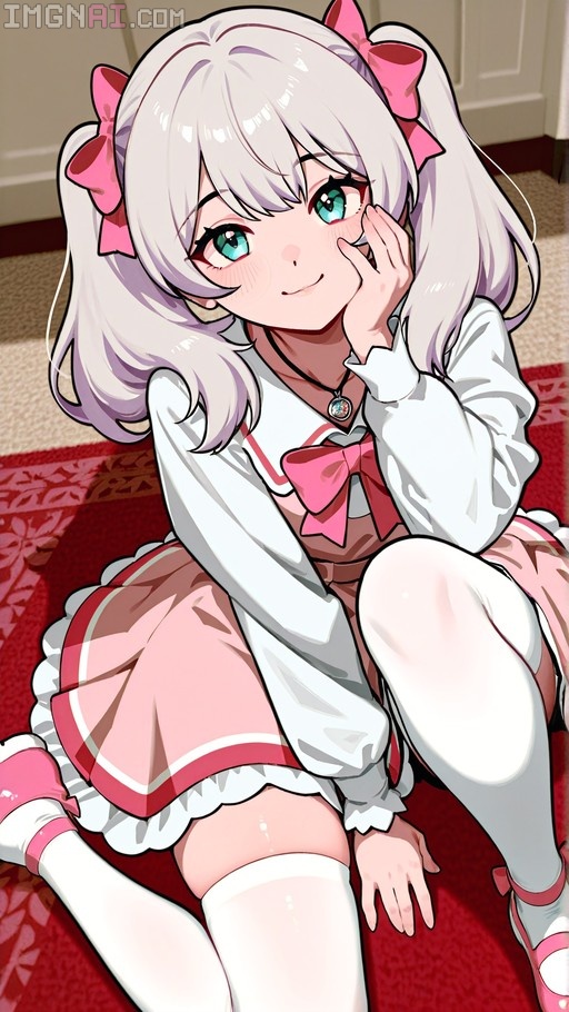 Anime girl with white twintails and pink bows sits on a red carpet wearing a pink frilled dress and white thigh-high socks.