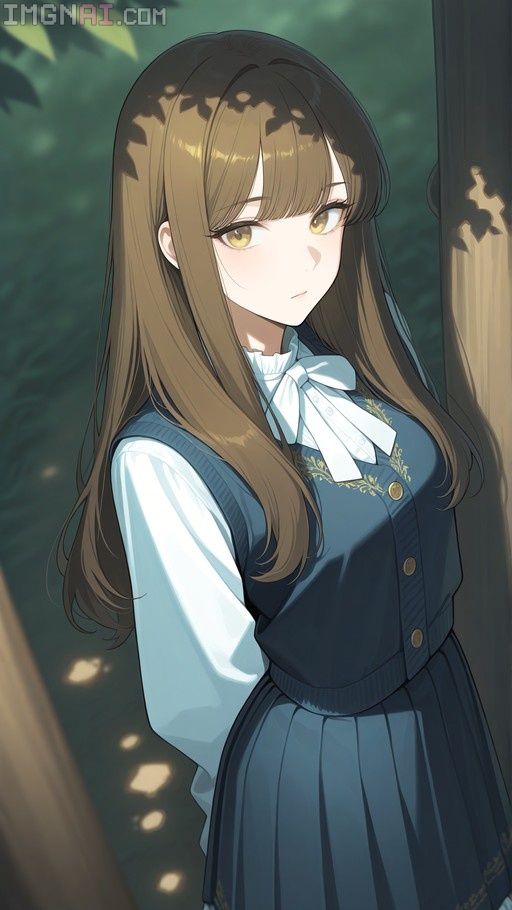 A young woman with long brown hair and golden eyes stands outdoors in a blue vest and white blouse with a large bow, looking at the viewer under dappled sunlight.