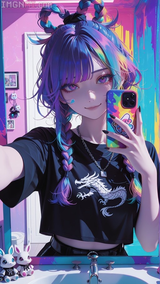 An anime-style girl with purple and blue braided hair takes a mirror selfie in a bathroom while wearing a black t-shirt with a white dragon design.