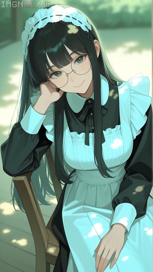 An anime-style illustration of a young woman with long black hair and round glasses, dressed in a black and white maid outfit. She is sitting on a wooden chair outdoors, smiling gently at the viewer while resting her head on her hand.