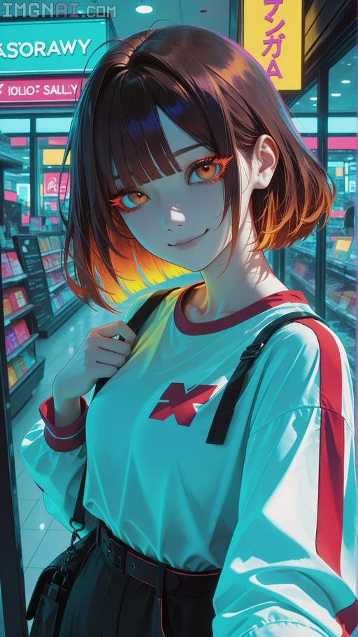 Anime-style girl with short brown hair and orange eyes smiling in a convenience store, wearing a white shirt with red trim.
