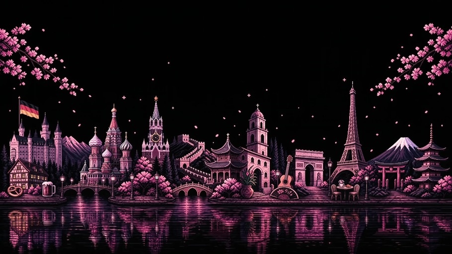 A dark pink pixel art cityscape at night featuring the Eiffel Tower and Mount Fuji, transitioning to a Japanese woman in a kimono meeting a French woman at an outdoor cafe as a black cat jumps onto their table.