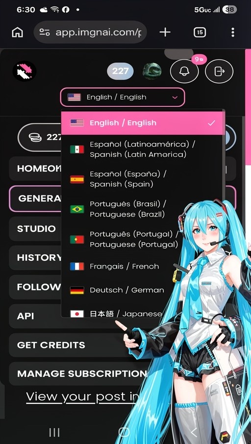 Hatsune Miku points to a language selection dropdown menu on a mobile app interface, displaying options like English, Spanish, and Japanese.