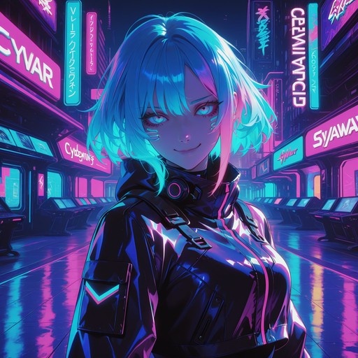 Lucy from Cyberpunk: Edgerunners with blue and pink hair stands in a neon-lit street wearing a black jacket.