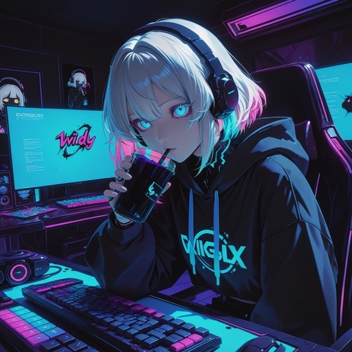 Anime-style illustration of a girl with two-toned hair and blue eyes wearing headphones and a black hoodie while sipping a drink at a neon-lit computer desk.
