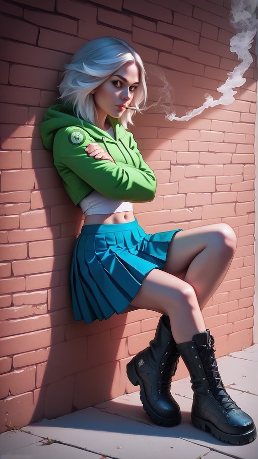 A young woman with short white hair leans against a red brick wall wearing a green hoodie and blue skirt while smoking a cigarette.