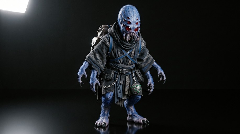 A blue alien with six red eyes and tentacles stands in a dark robe carrying a backpack against a black background.