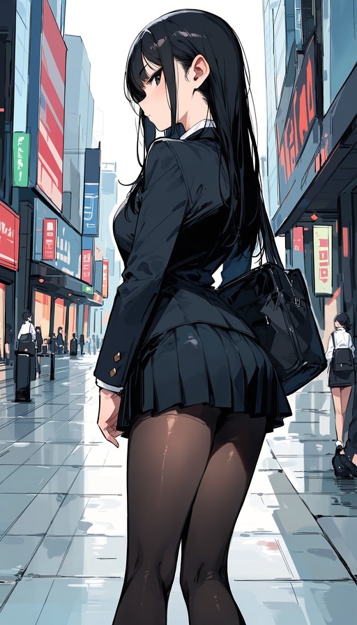 An anime-style illustration of a young woman with long black hair wearing a dark school uniform and sheer black pantyhose, standing on a wet city street and looking back over her shoulder.