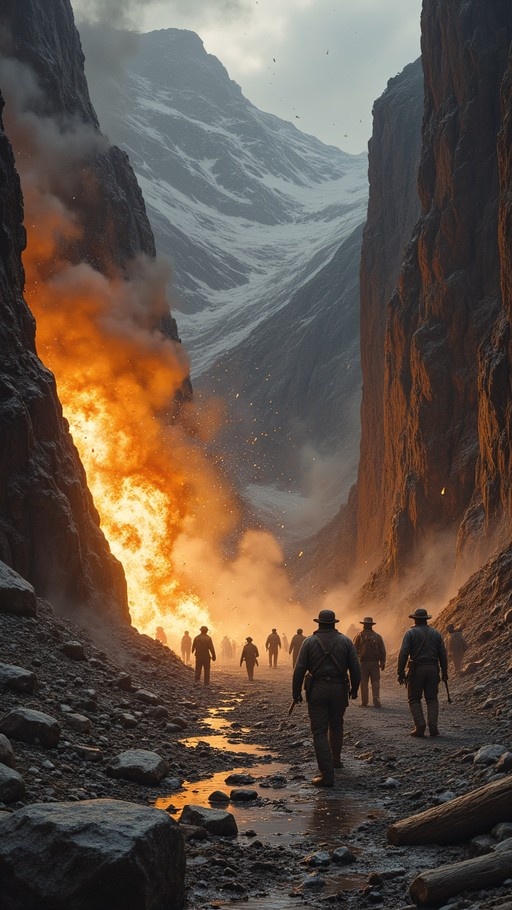 A group of men in hats walk away from the viewer along a rocky path in a canyon, passing a massive eruption of fire flowing down the cliffside toward snow-capped mountains.