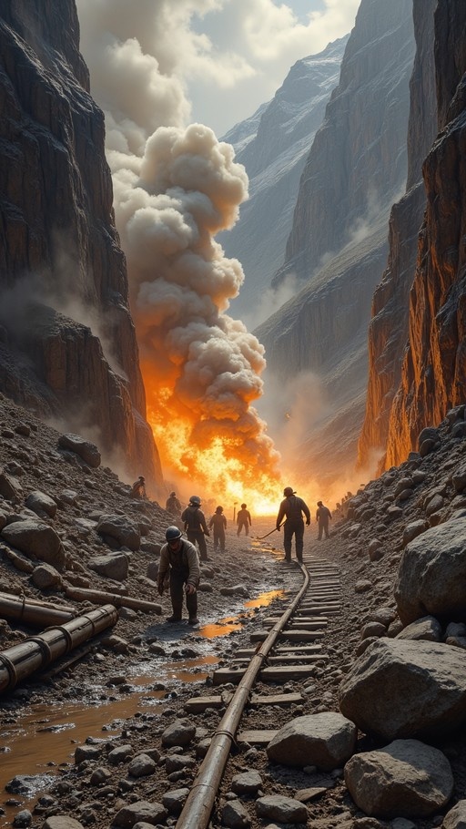 Workers standing on railroad tracks in a rocky canyon watching a large explosion with billowing smoke rise from the mountainside.