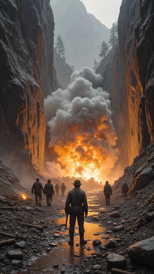 A group of men wearing hats walk through a rocky canyon toward a large explosion with billowing smoke.
