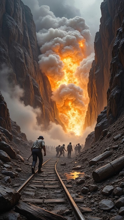 A group of men in work clothes walk along railroad tracks through a narrow canyon towards a massive fiery explosion erupting between the rock walls.