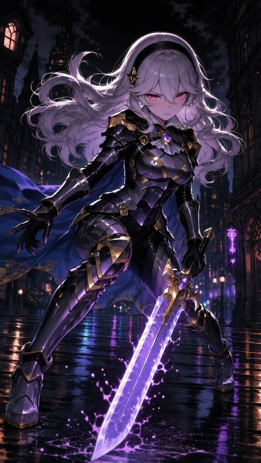Anime character Corrin from Fire Emblem holding a glowing purple sword in dark armor on a wet city street at night.