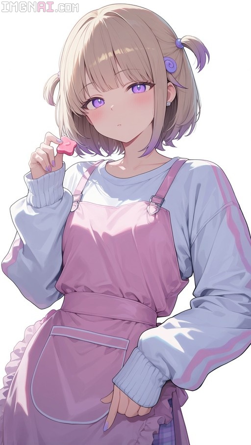An anime-style girl with short blonde and purple hair wearing a pink apron holds a small pink star-shaped treat.