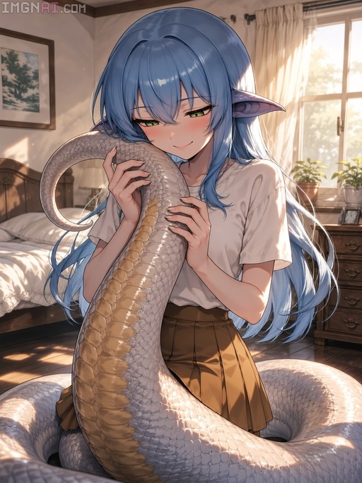 Blue-haired anime girl with elf ears and a large snake tail smiles while holding her own tail in a sunny bedroom.