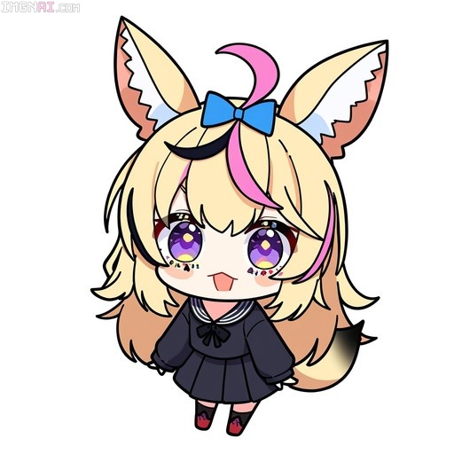 Chibi Omaru Polka with blonde and pink hair, fox ears, and a black sailor uniform.