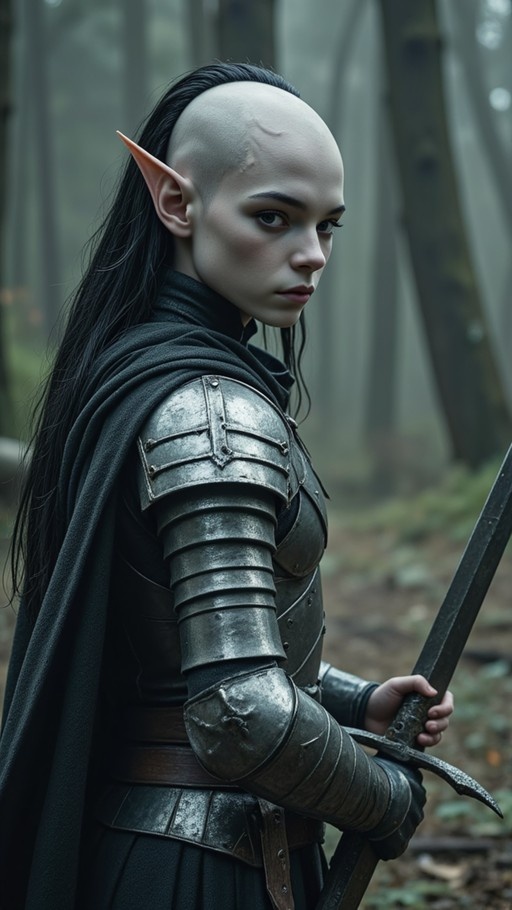 A realistic image of a pale-skinned elf warrior with pointed ears and long black hair standing in a forest holding a sword.