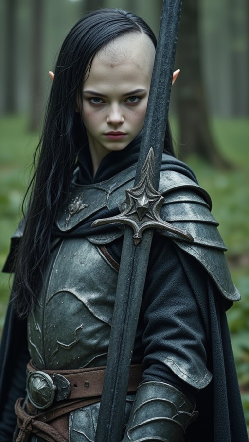 A realistic portrait of an elf warrior with long black hair and a shaved side, wearing dark plate armor and holding a large sword in a forest setting.