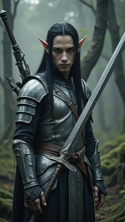 An elf warrior with long black hair and pointed ears stands in a foggy forest wearing dark armor and holding a large sword.