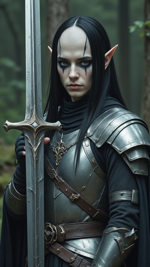 A female elf warrior with long black hair and pointed ears stands in a forest holding a large sword. She wears silver armor and has dark markings under her green eyes.