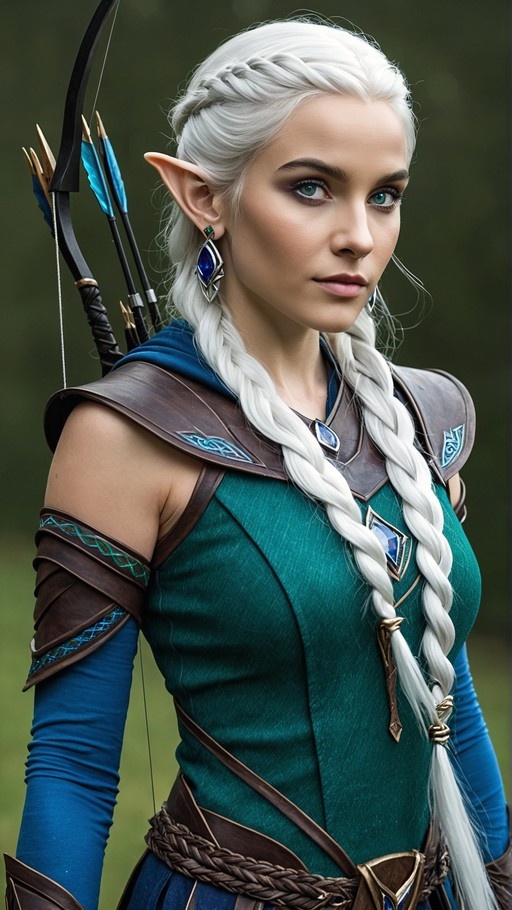 A realistic portrait of a white-haired elf archer with twin braids, green eyes, and leather armor holding a bow.