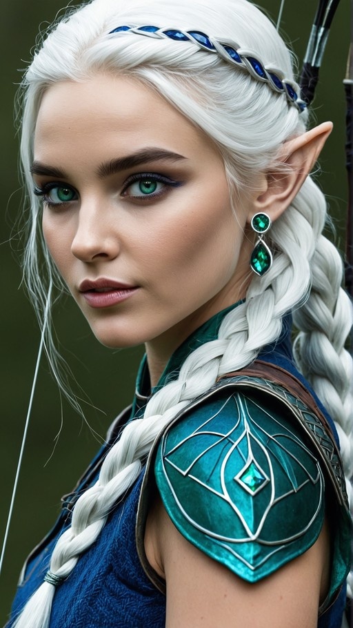 Close-up portrait of Shadowheart with white twin braids and green eyes wearing teal armor.