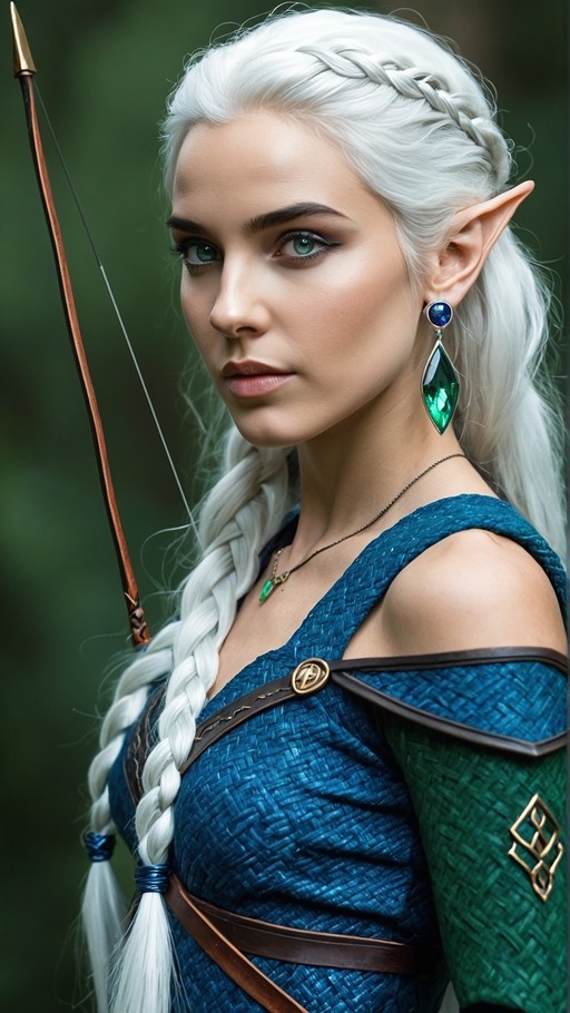 A realistic portrait of a white-haired elf woman holding a bow.