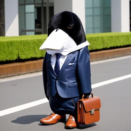 A penguin wearing a blue business suit and necktie holds a briefcase while walking outdoors on a sunny day.
